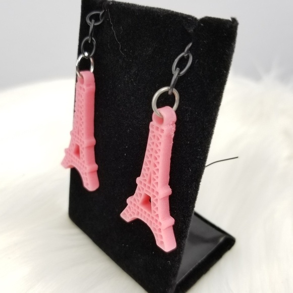 Pink Eiffel Tower Dangle Earrings - Picture 3 of 6